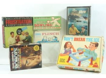 Group Of 6 Vintage Board Games Includes Bowling, Flinch, Dont Break The Ice, Break Thru Etc