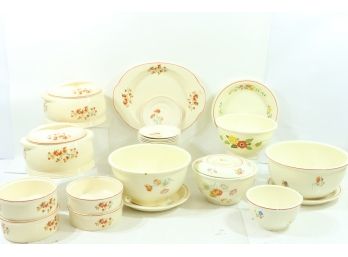 Large Group Of Vintage Kitchen Pottery Items Includes Dishes, Canisters, Platters Etc