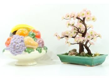 Pair Of Vintage Decorative Items Includes Fake Bonsai & Porcelain Fruit Basket