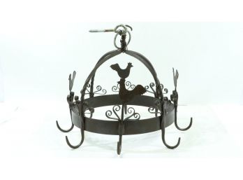 Vintage Wrought Iron And Metal Rooster Hanging Pot Rack Meat Rack