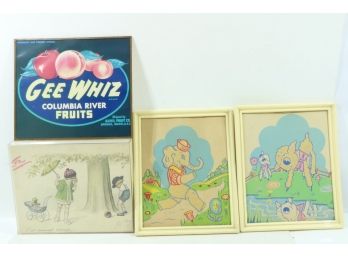 Group Of Vintage Framed Art Items Includes Fruit Label & Others