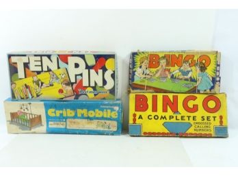Group Of Vintage Board Games Includes Bingo, Ten Pins And A Crib Mobile