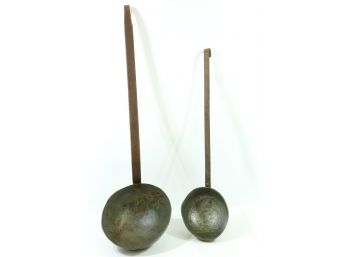 Pair Of Large Antique Copper & Wrought Iron Ladles Large One Is 33' Tall