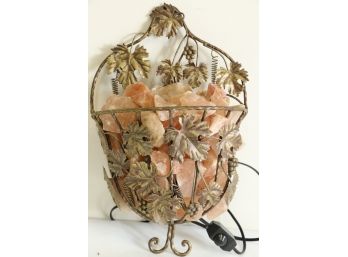 Vintage Metal Basket Full Of Himalayan Salt Rocks With Light