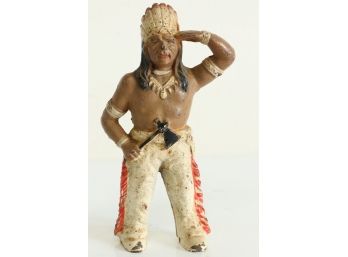Cast Iron Indian With Headdress And Tomahawk Still Bank Original Paint