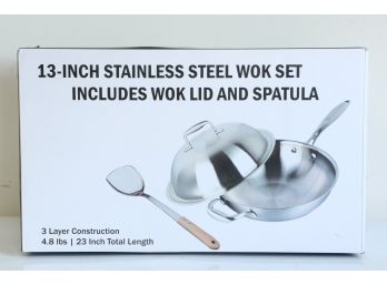 Wok Pan - Non-Stick Stainless Steel Stir Fry Pans With Domed Lid Bamboo Spatula New