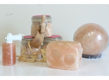 Group Of Himalayan Rock Salt Items Includes Bath Salt, Candle Holders