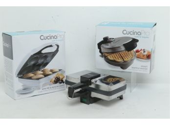 CucinaPro Lot: Piccolo Pizzlle Baker, Mini Pie & Quiche Baker, Heart Waffle Maker