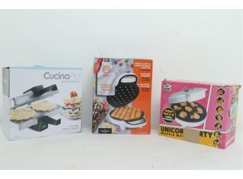 Unicorn Party Waffle Maker, CucinaPro Snow-Flake Pizzelle Maker, & MastrerChef Bubble Waffle Maker