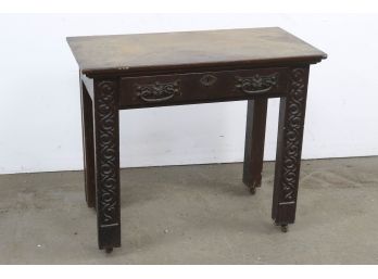 Antique Carved Table With Single Drawer On Casters