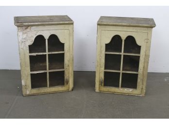 Pair  Antique Wood Cupboards With Glass Fronts