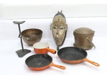 Mixed Lot, Le Creuset Cookware, Carved Tribal Mask Copper Ice Bucket