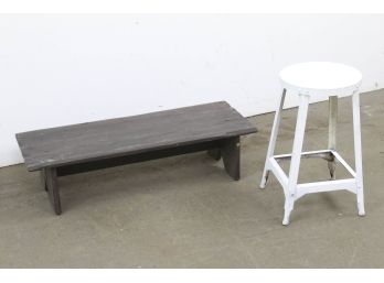 Low Wooden Bench And Metal Stool