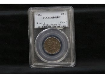 1854 Half Cent - PCGS Graded MS-61