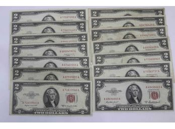 14 Red Seal - $2 Notes - 1953 A, B, C - Condition Varies From VF To Uncirculated