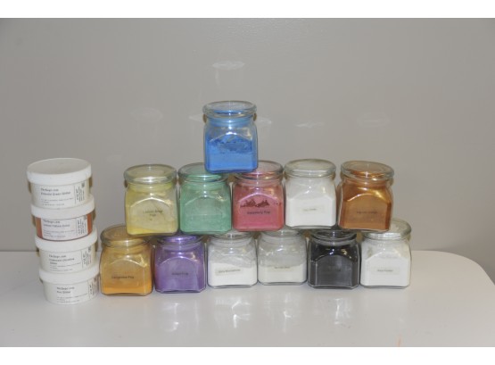 12 Jars Containing Mica Powders And Colors For Cosmetics And 4 Sage.com Colors And Glitters.