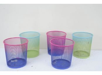 Group Of 5 Colorful Used Wire Mesh Waste Baskets