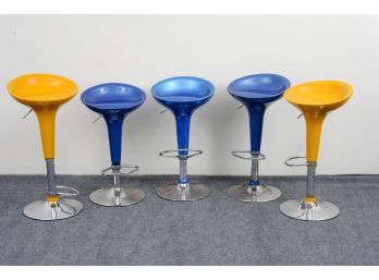 Group Of 5 Blue And Yellow Assorted Scoop Stools