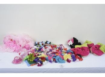 Large Lot Of Hair Bands, Hair Brushes, Feather Boas, Fuzzzy Wuzzy Slippers And More