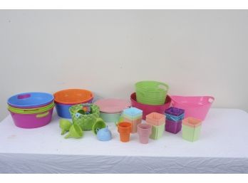 Colorful Lot Of Plastic Bowls, Baskets, Funnels, Etc