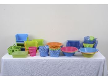 Large Assortment Of Colorful Plastic Bins, Bowls And Storage Containers.