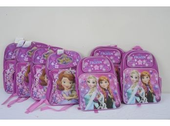 Group Of 7 Backpacks Featuring Sophia The First And Disney Frozen.