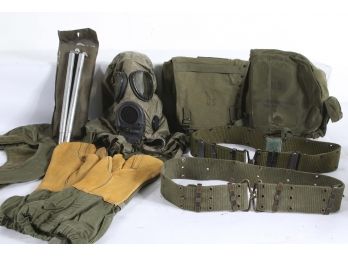 Military Accessories Box Lot - Gas Mask, Gloves, Belts, Bags And Other Related Items.