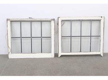 Pair Of Vintage Large Leaded Clear Glass Wood Framed Windows - Painted White