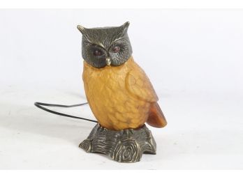 Tin Chi 1996 Amber  Glass & Metal Owl Lamp W/jeweled Eyes 9' High - Working Order