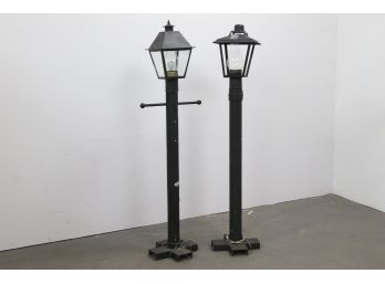 Pair Of Black Metal Electric Light Post, Outdoor Decor - Both Work - 1 Missing Glass