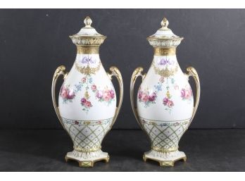 2 Royal Bonn Germany Hand Painted Floral & Gold Vases 14' Tall