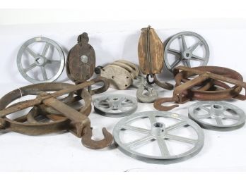 Box Lot Of Pulley Wheels, And Parts - Wood And Metal - Various Sizes