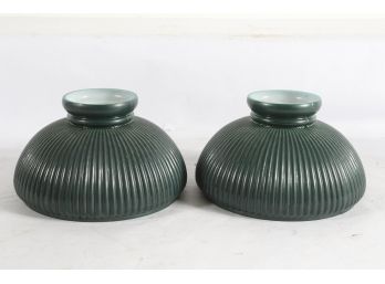 Vintage Pair Of Green Glass Lamp Shades - Rippled Design No Chips Or Cracks