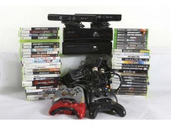 Xbox 360 Lot - (2) Consoles, Assorted Games, 4 Controllers, All Wires - Untested