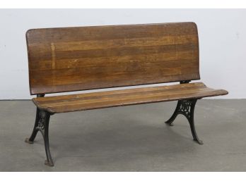 Antique School Desk Bench With Wood Seat And Back - Cast Iron Legs