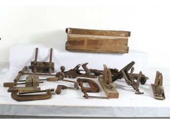 Vintage Hand Tools, Clamps, Drills, Planes, Etc. With Wood Box - Rusted And In Need Of Cleaning