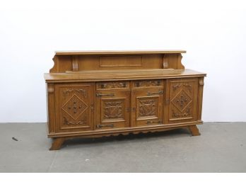 Large Oak Buffet - Intricate Carvings, Metal Vintage Hardware