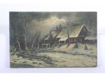 Antique Oil Painting On Canvas Winter Scene With Cabin.