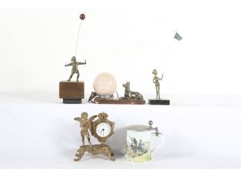 5 Pc. Assorted Decor Lot - Cherub Clock, Hunting Stein, Glass Lamp W/dog - See Below