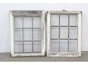 Pair Of Antique Painted White Leaded Clear Glass Windows