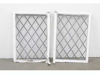 Pair Of Vintage Lattice Leaded Clear Glass Window With Wood Frames