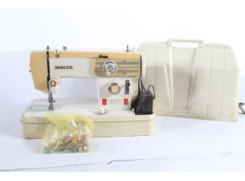 White Vintage Sewing Machine In Carry Case With Bobbins & Thread