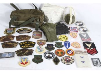 Box Lot Of Military Accessories And Patches, Mechanic Bag, Gloves, Matches Etc