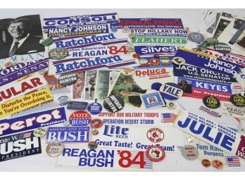 Box Lot Of Political (and Other Themes) Buttons, Bumper Stickers, Photos & Postcards