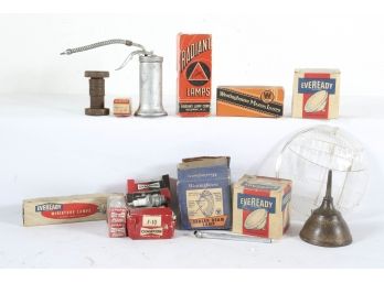 Vintage Car Repair Box Lot - Lamps, Headlights, Oil Cans, Spark Plugs, Light Lens