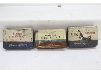 3 Piece Vintage First Aid Kit Lot, Curity, Johnson & Johnson, With Some Supplies