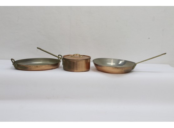 Copper And Brass Cook Set  Including Skillet, Covered Pot And Casserole Pan.