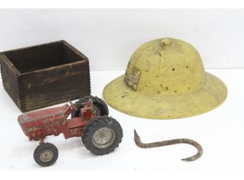Mixed Farm Decor Lot, Pith Helmet, Wooden Davis Fish Co  Box, Ertl Tractor And Forged Hook