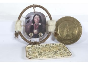 Mixed Lot, Native American Plaque, Brass Plate And Trinket Tray