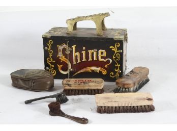 Vintage Shoe Shine Kit With Brushes, Nice Graphics